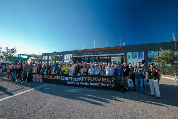 Group photo at the gates of the Valencia circuit 