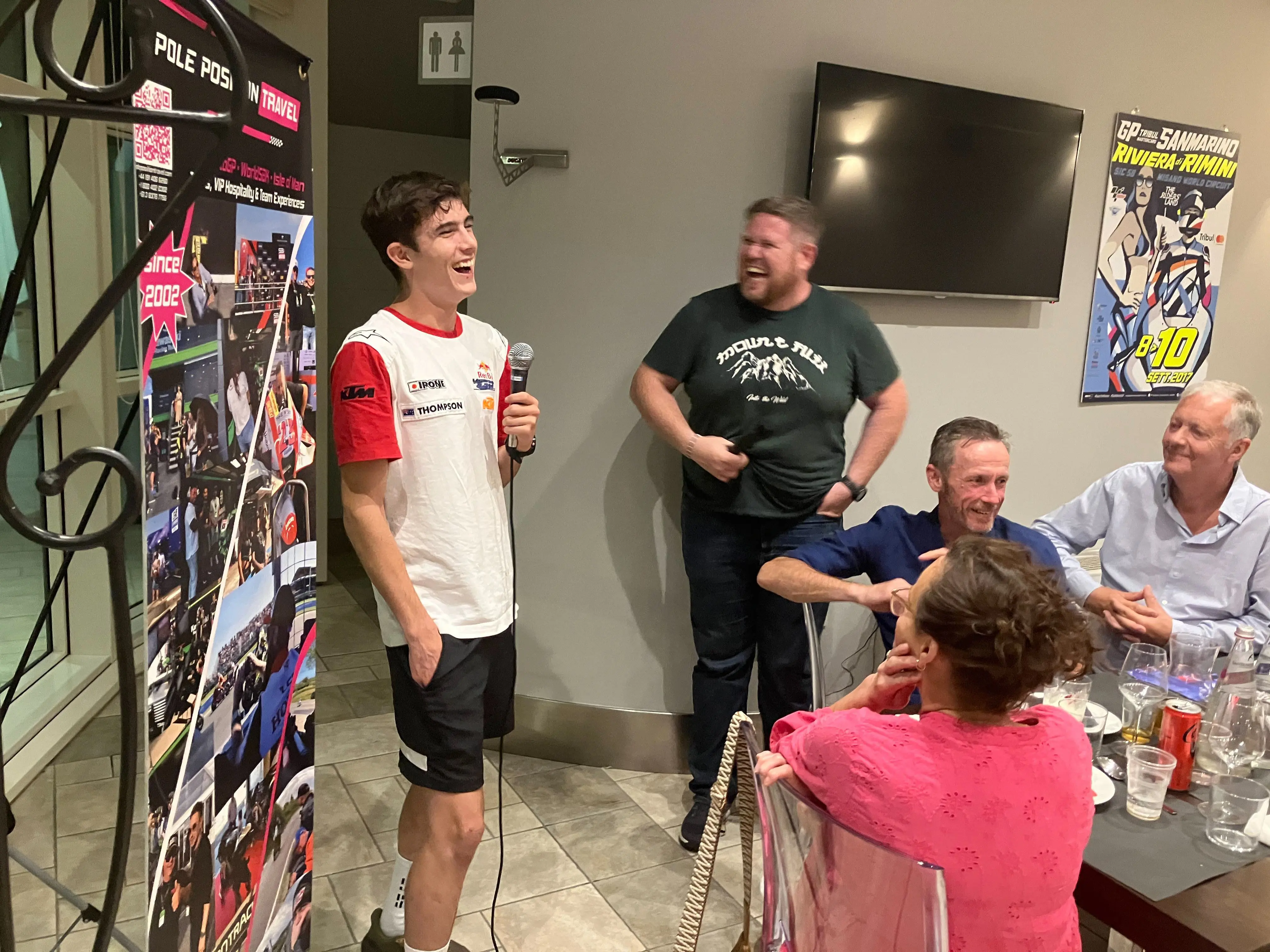 We take the restaurant at the track for our annual Misano opening dinner.  We feature 3 Rookies in their final event of the year: Kristian Daniel (USA), Carter Thompson (AUS), and Evan Belford (UK). Also featuring journalist Simon Patterson & three birthdays!