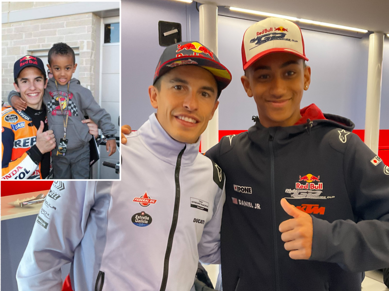 (ID: 24789) Kristian was inspired to take up motorcycling when he met Marc Marquez in Texas in 2014 age 5. We re-introduced him to Marc 10 years later as an international racer!